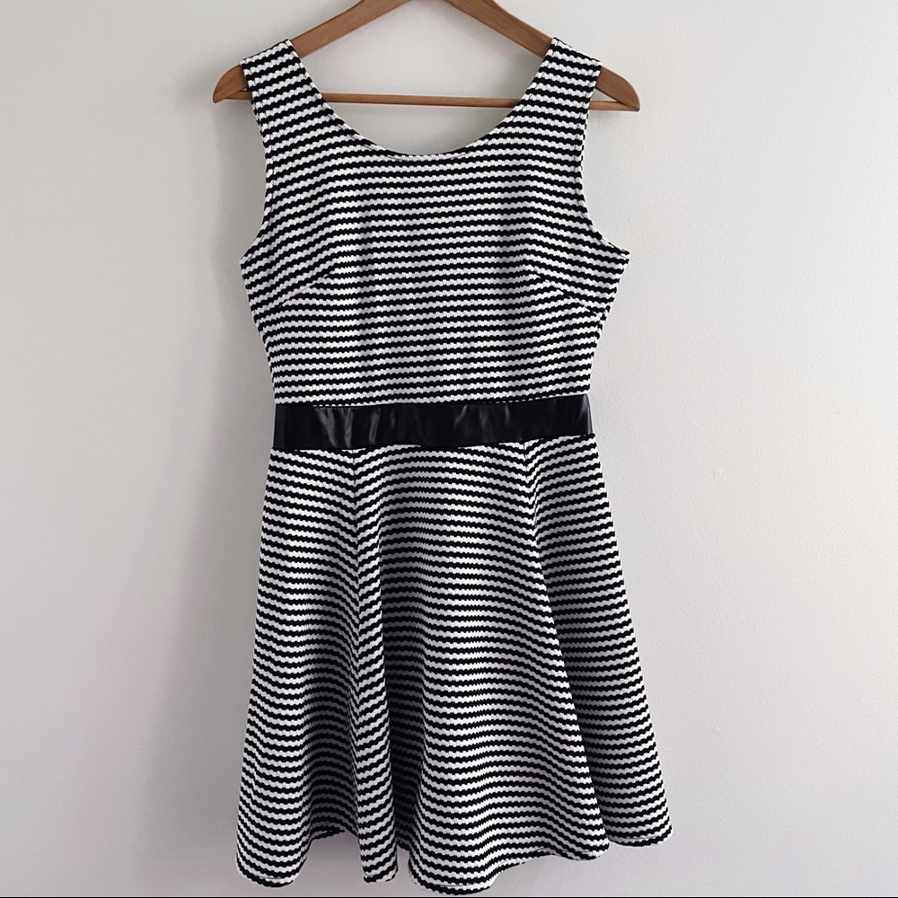 Black and White Sleeveless Striped Fit and Flare Dress Large